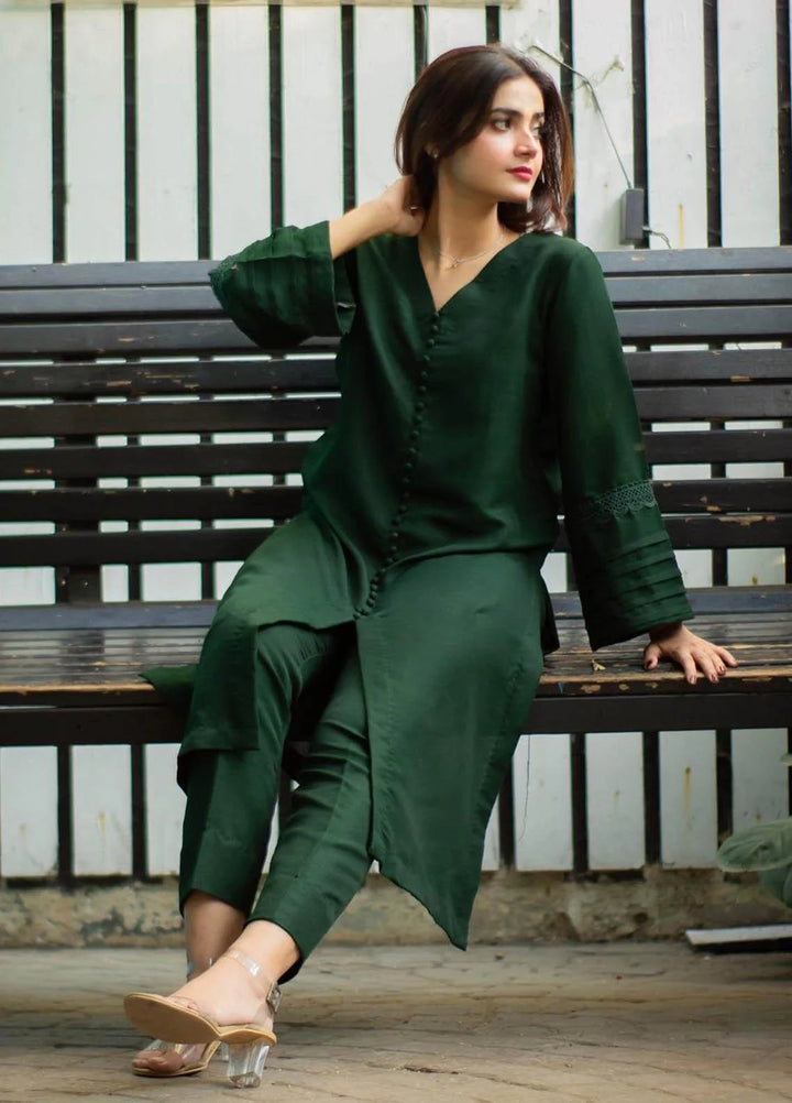 Zauk Women RTW Solids Indian Raw Silk 2 Piece Suit ZK26RC Bottle Green V-5-2 - Casual Collection