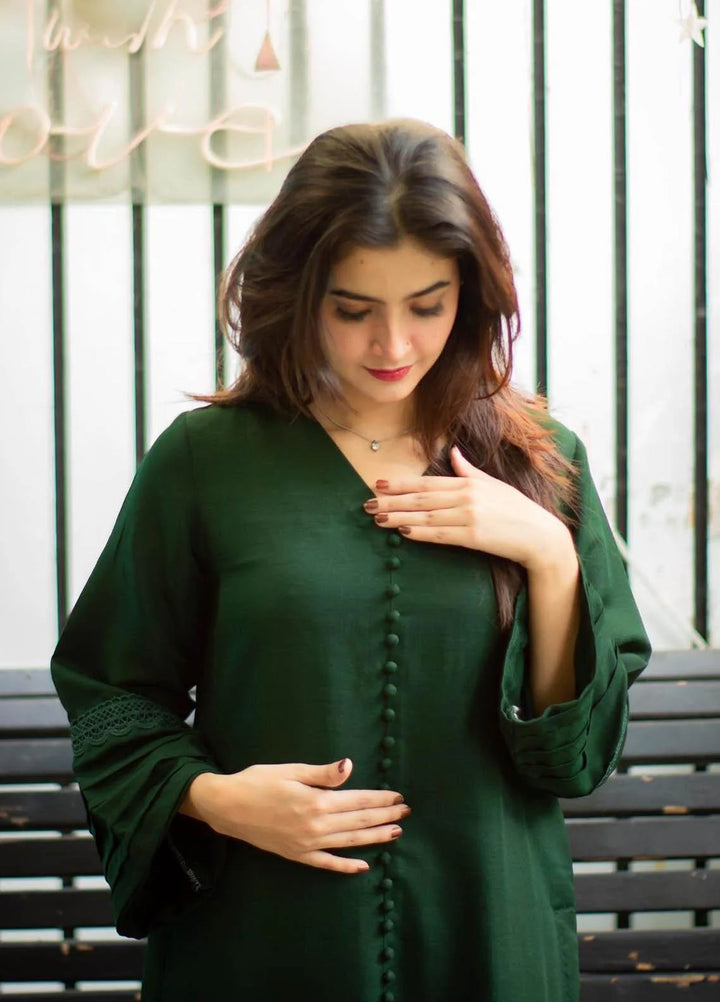Zauk Women RTW Solids Indian Raw Silk 2 Piece Suit ZK26RC Bottle Green V-5-2 - Casual Collection