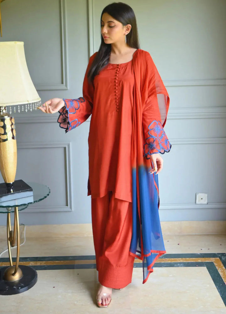 Zauk Pret Embroidered Raw Silk 3 Piece Suit Blossom