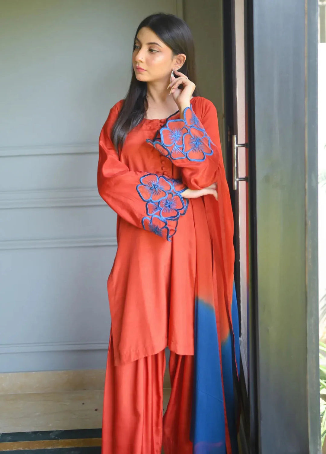 Zauk Pret Embroidered Raw Silk 3 Piece Suit Blossom