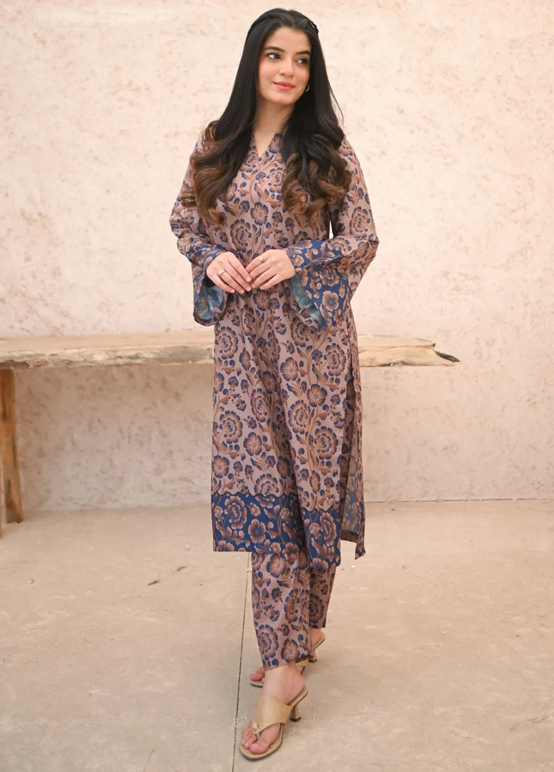 Zauk Women RTW Printed Wrinkle Free Crepe 2 Piece Suit ZK26RC Mushroom P-E-3 - Casual Collection
