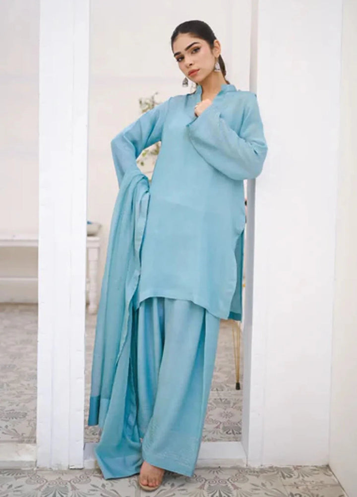 Zauk Women RTW Solids Rawsilk 3 Piece Suit ZK26RC CYAN E-D-1 - Casual Collection