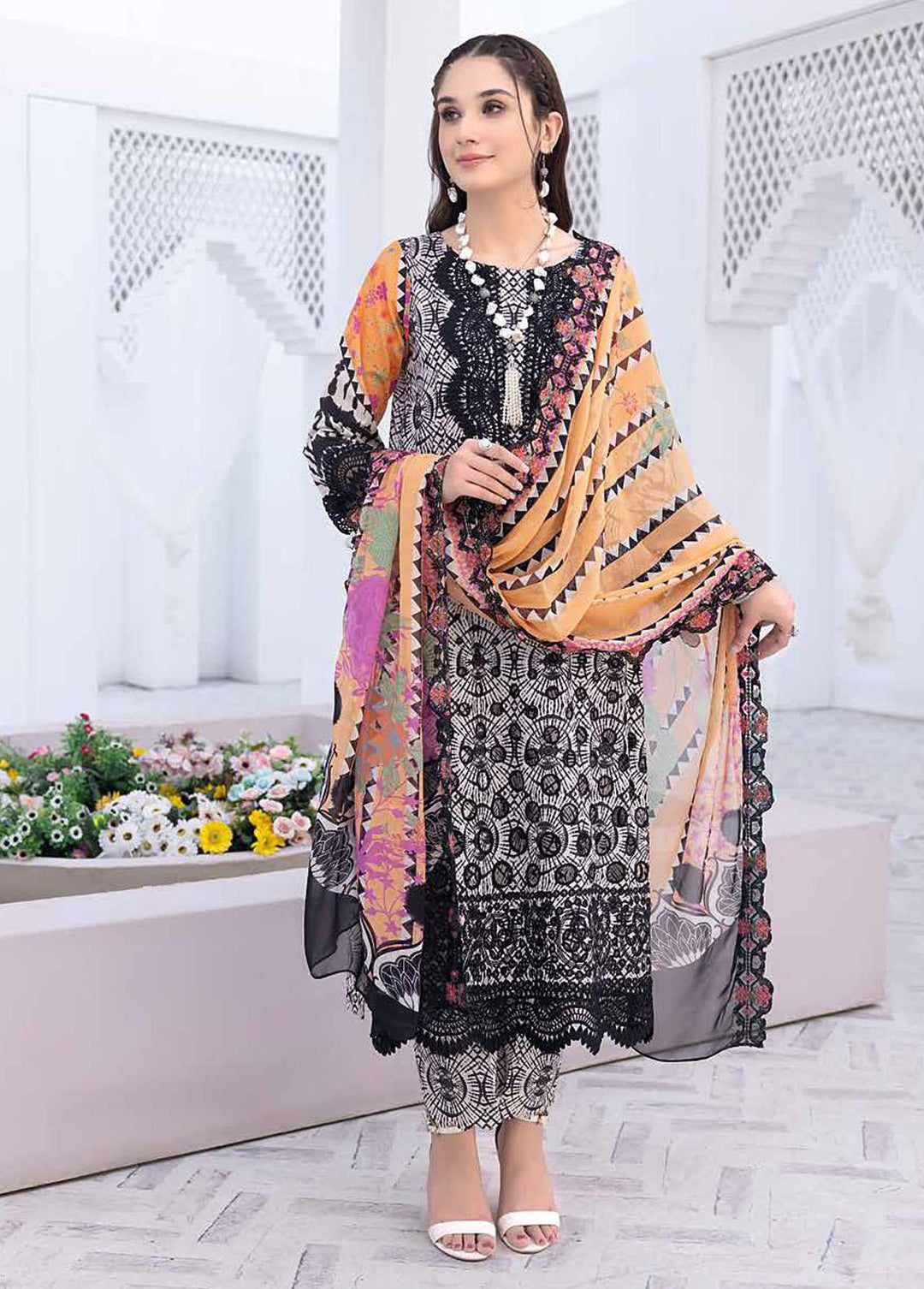 Zauq By Charizma Embroidered Lawn Suits Unstitched 3 Piece CRZ23BW BWS-02 - Black & White Collection