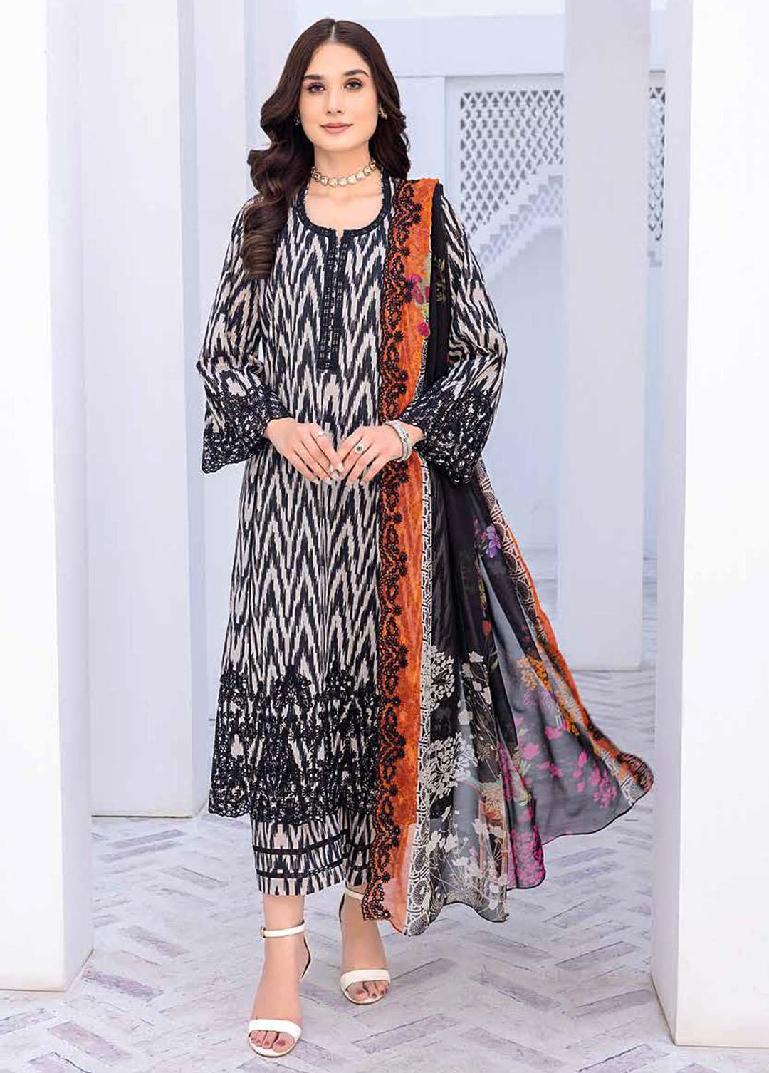 Zauq By Charizma Embroidered Lawn Suits Unstitched 3 Piece CRZ23BW BWS-03 - Black & White Collection