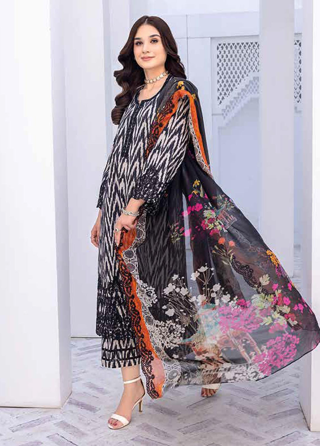 Zauq By Charizma Embroidered Lawn Suits Unstitched 3 Piece CRZ23BW BWS-03 - Black & White Collection