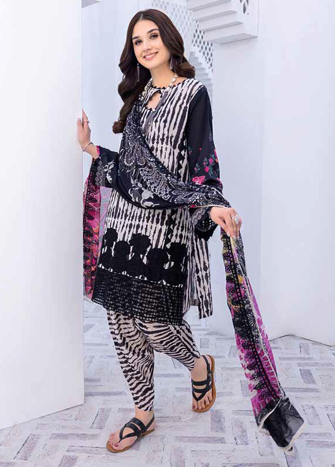 Zauq By Charizma Embroidered Lawn Suits Unstitched 3 Piece CRZ23BW BWS-06 - Black & White Collection