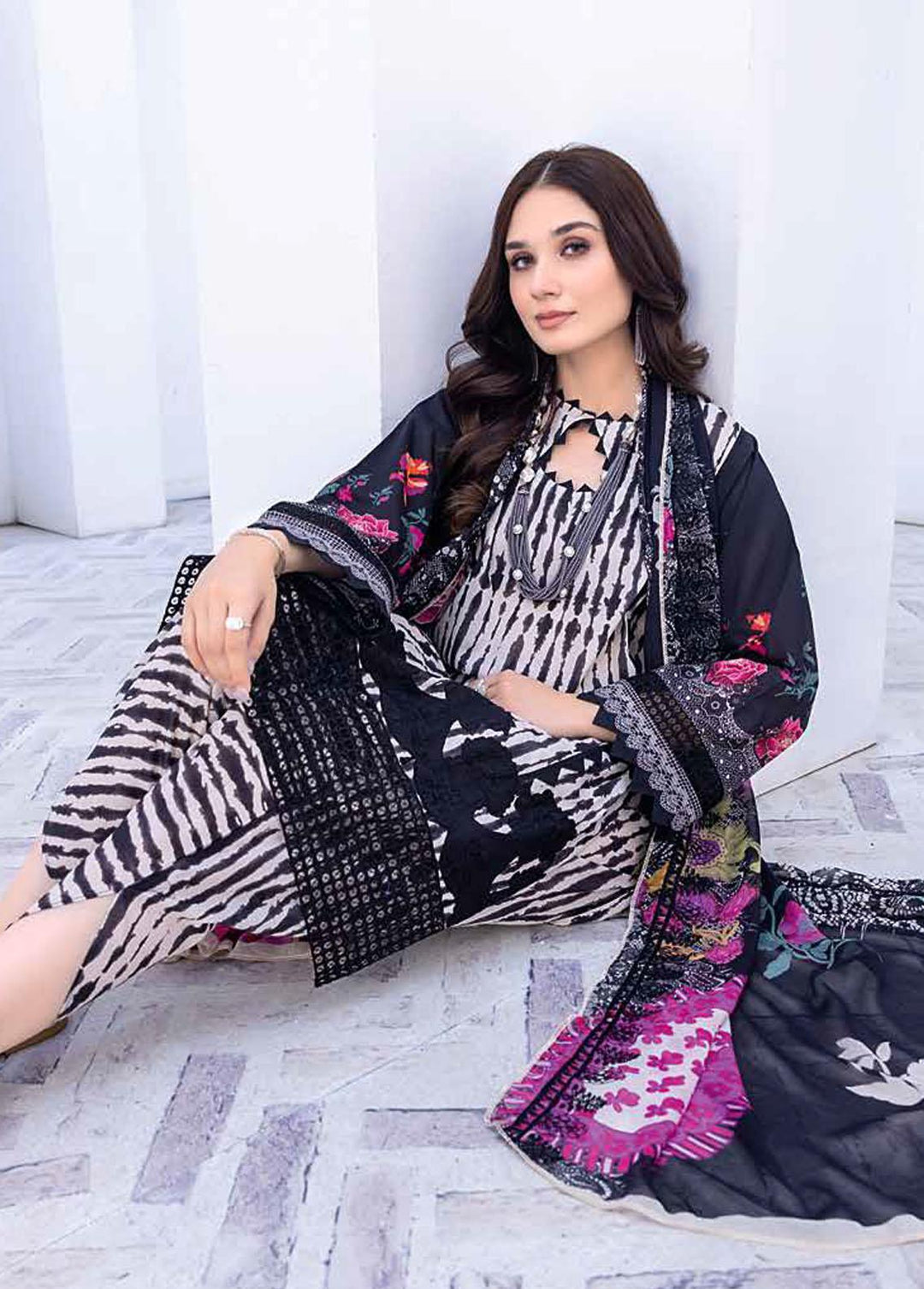 Zauq By Charizma Embroidered Lawn Suits Unstitched 3 Piece CRZ23BW BWS-06 - Black & White Collection
