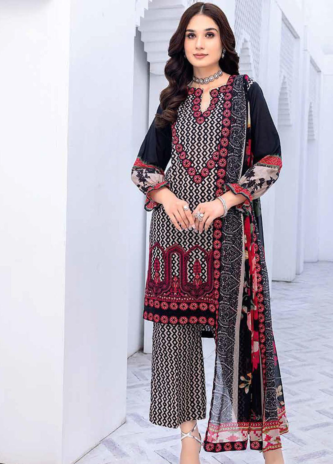 Zauq By Charizma Embroidered Lawn Suits Unstitched 3 Piece CRZ23BW BWS-09 - Black & White Collection