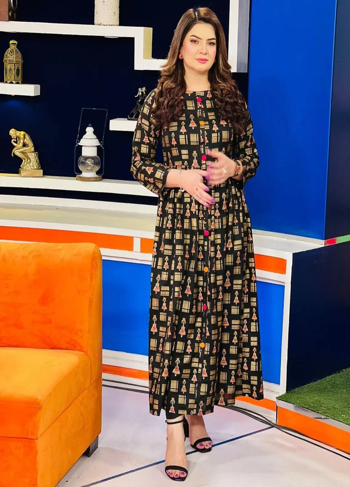 Zeek Store Pret Printed Linen Maxi Black Empire Dress