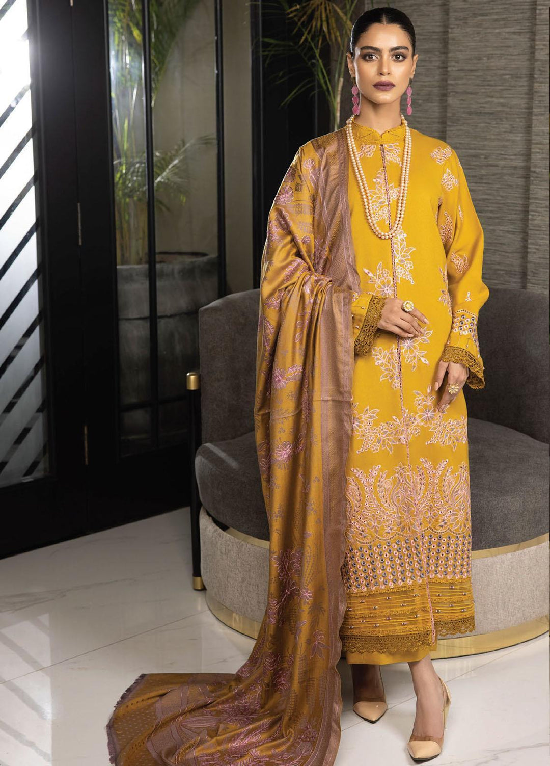 Zimal By Humdum Embroidered Wool Suits Unstitched 3 Piece HD23ZM D-09 - Winter Collection