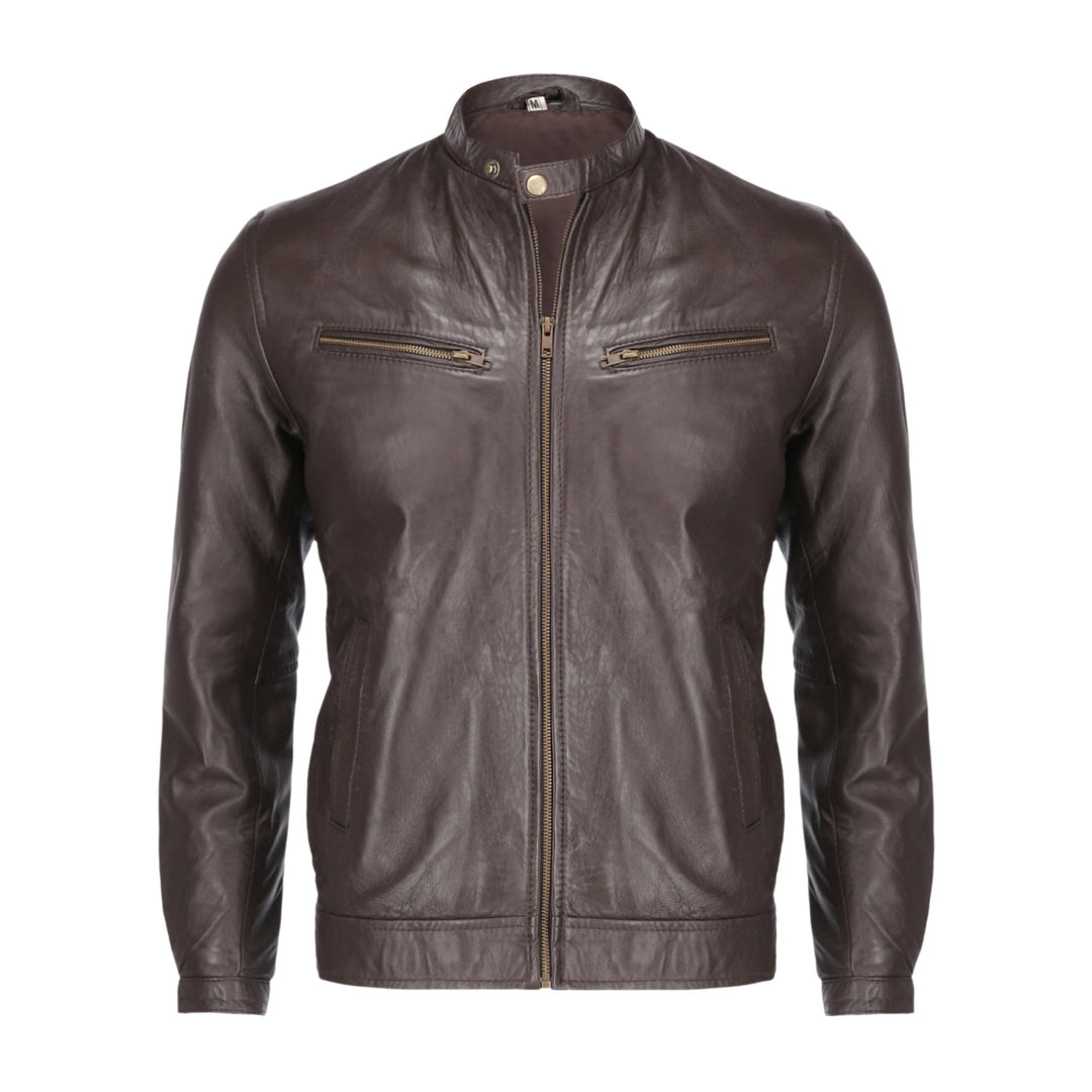 Brown Mens Pure Sheep Leather Zipper Jacket