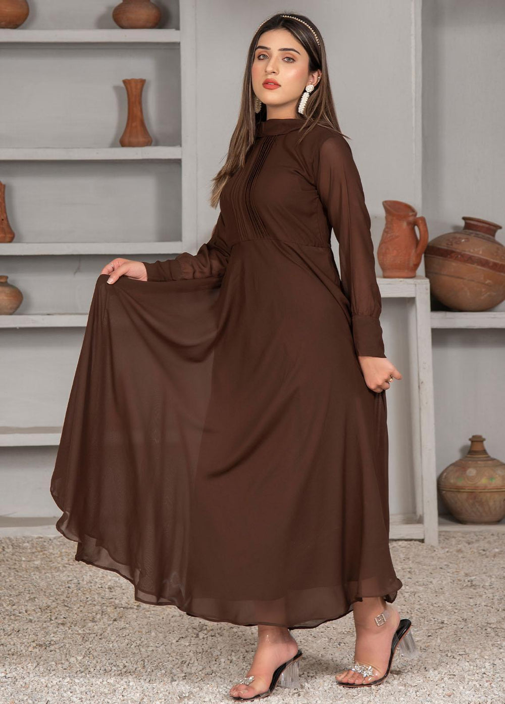 Nazmina Pret Casual Chiffon Frock NZ23Z FR-633 DARK CHOCOLATE