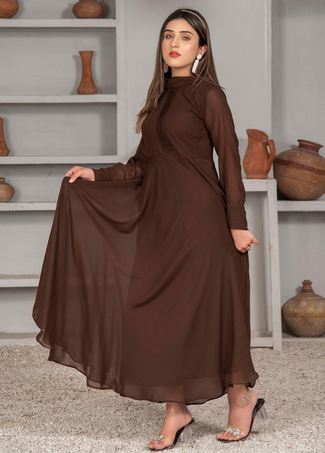 Nazmina Pret Casual Chiffon Frock NZ23Z FR-633 DARK CHOCOLATE