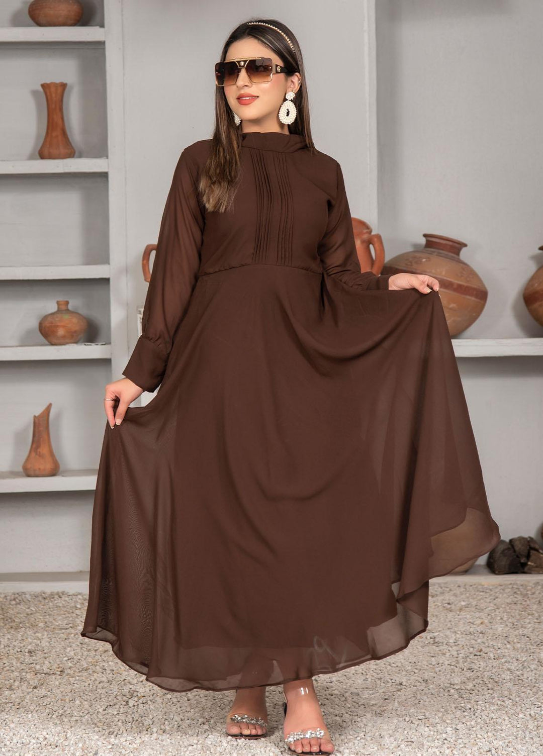 Nazmina Pret Casual Chiffon Frock NZ23Z FR-633 DARK CHOCOLATE