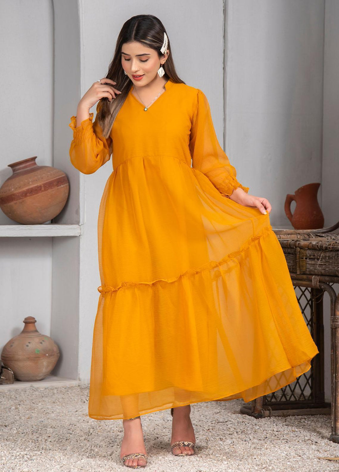 Nazmina Pret Casual Chiffon Frock NZ23Z FR-634 TANGERINE BIRD