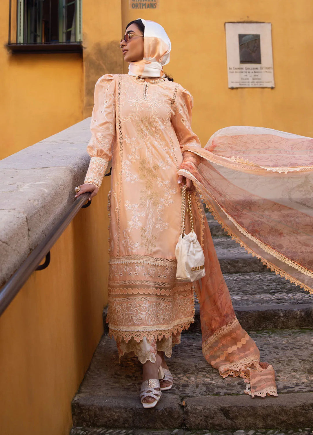Zoha by Ansab Jahangir Embroidered Lawn Suit Unstitched 3 Piece ANJ25Z D-09 Alluring Apricot - Summer Collection