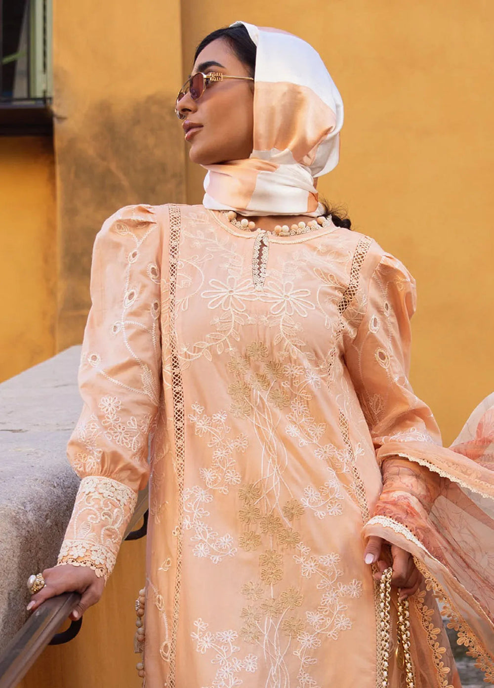 Zoha by Ansab Jahangir Embroidered Lawn Suit Unstitched 3 Piece ANJ25Z D-09 Alluring Apricot - Summer Collection