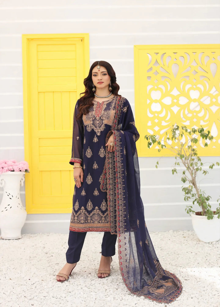 Zohan Ateeq Pret Embroidered Chiffon 3 Piece Suit Mehak Navy Blue