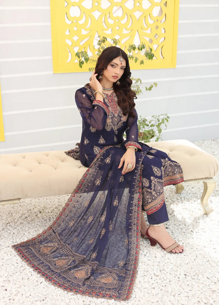 Zohan Ateeq Pret Embroidered Chiffon 3 Piece Suit Mehak Navy Blue