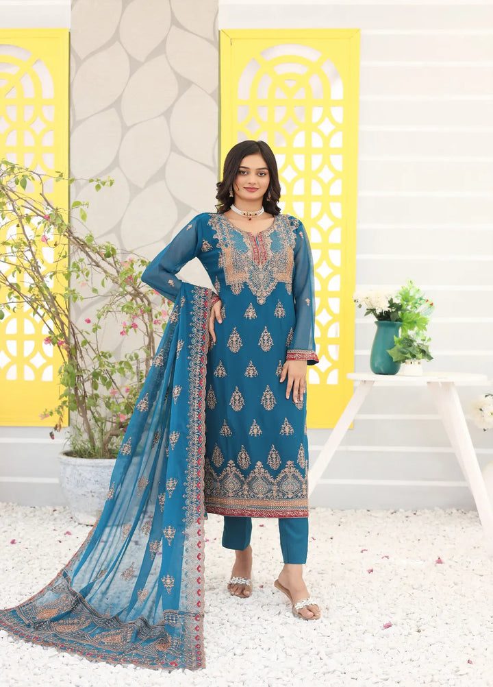 Zohan Ateeq Pret Embroidered Chiffon 3 Piece Suit Mehak Royal Blue