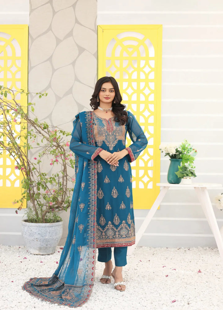 Zohan Ateeq Pret Embroidered Chiffon 3 Piece Suit Mehak Royal Blue