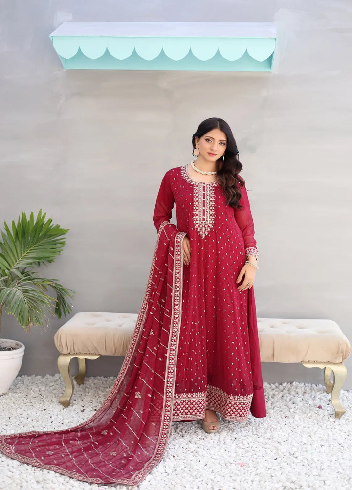 Zohan Ateeq Pret Embroidered Chiffon 3 Piece Suit Rumaisa Maroon