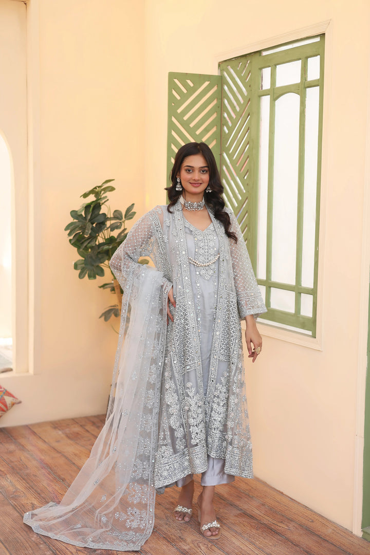 Zohan Ateeq Pret Embroidered Net 4 Piece Suit Maya Grey