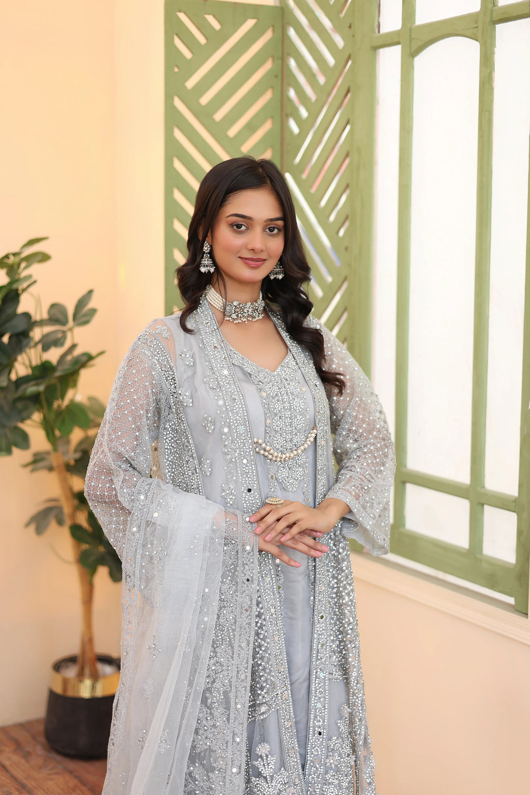 Zohan Ateeq Pret Embroidered Net 4 Piece Suit Maya Grey