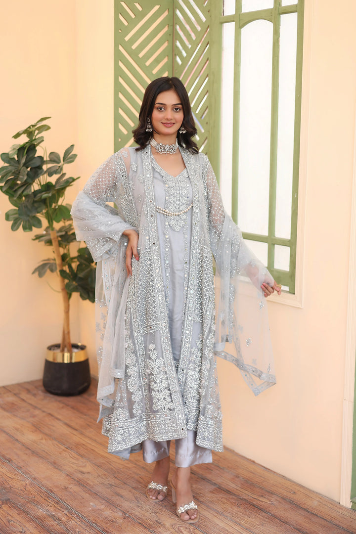 Zohan Ateeq Pret Embroidered Net 4 Piece Suit Maya Grey