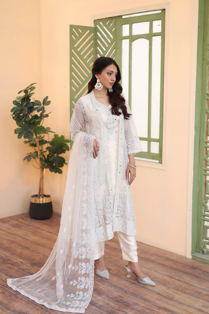 Zohan Ateeq Pret Embroidered Net 4 Piece Suit Maya White
