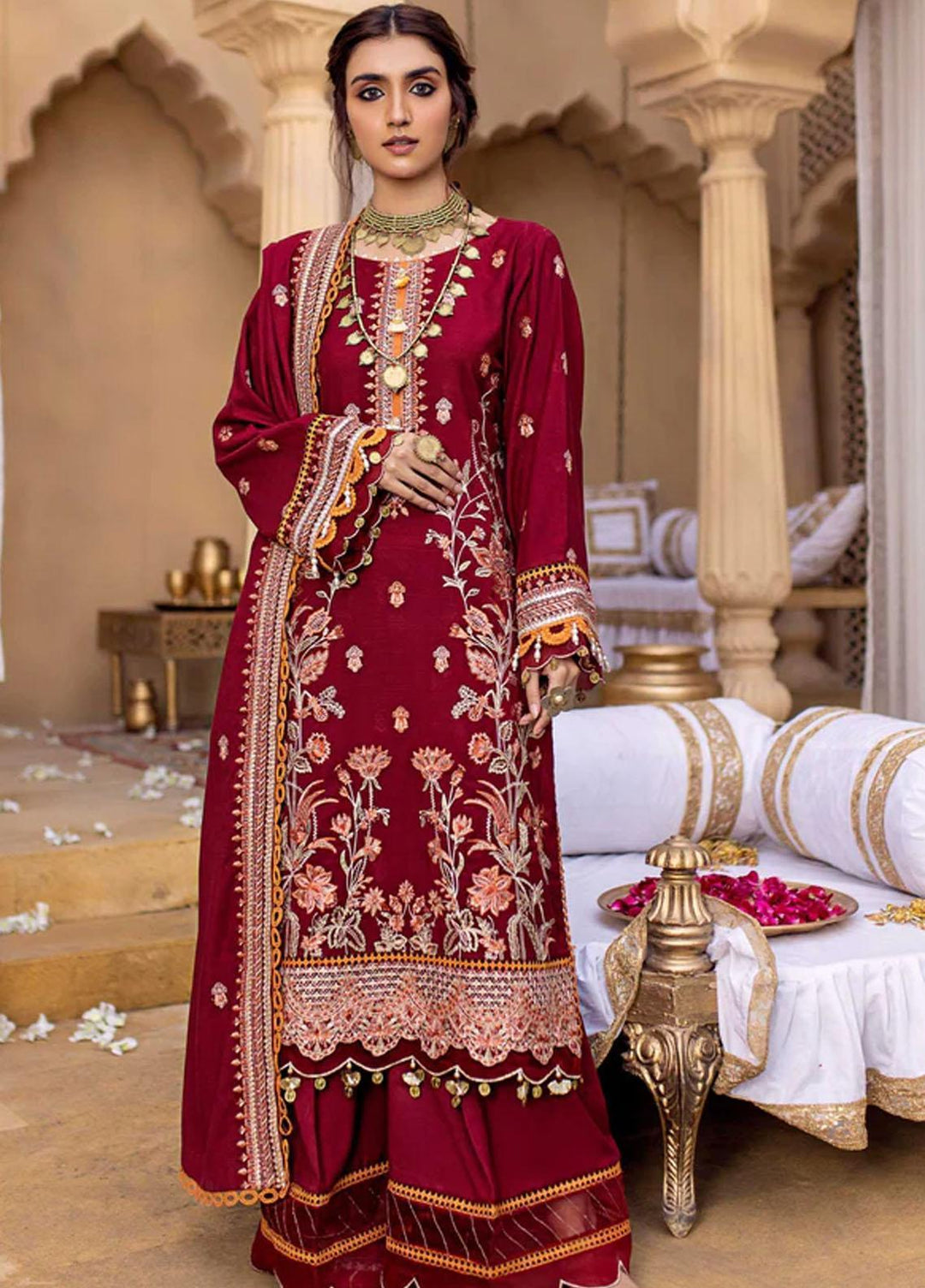 Zora By Eleshia Embroidered Dhanak Suits Unstitched 3 Piece ELS23Z RED STONE - Luxury Collection