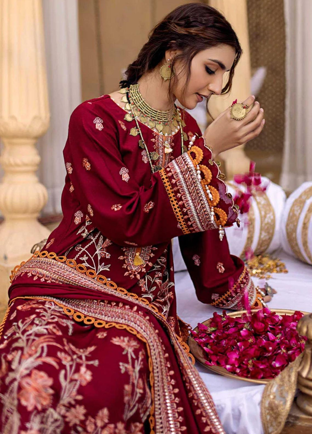 Zora By Eleshia Embroidered Dhanak Suits Unstitched 3 Piece ELS23Z RED STONE - Luxury Collection