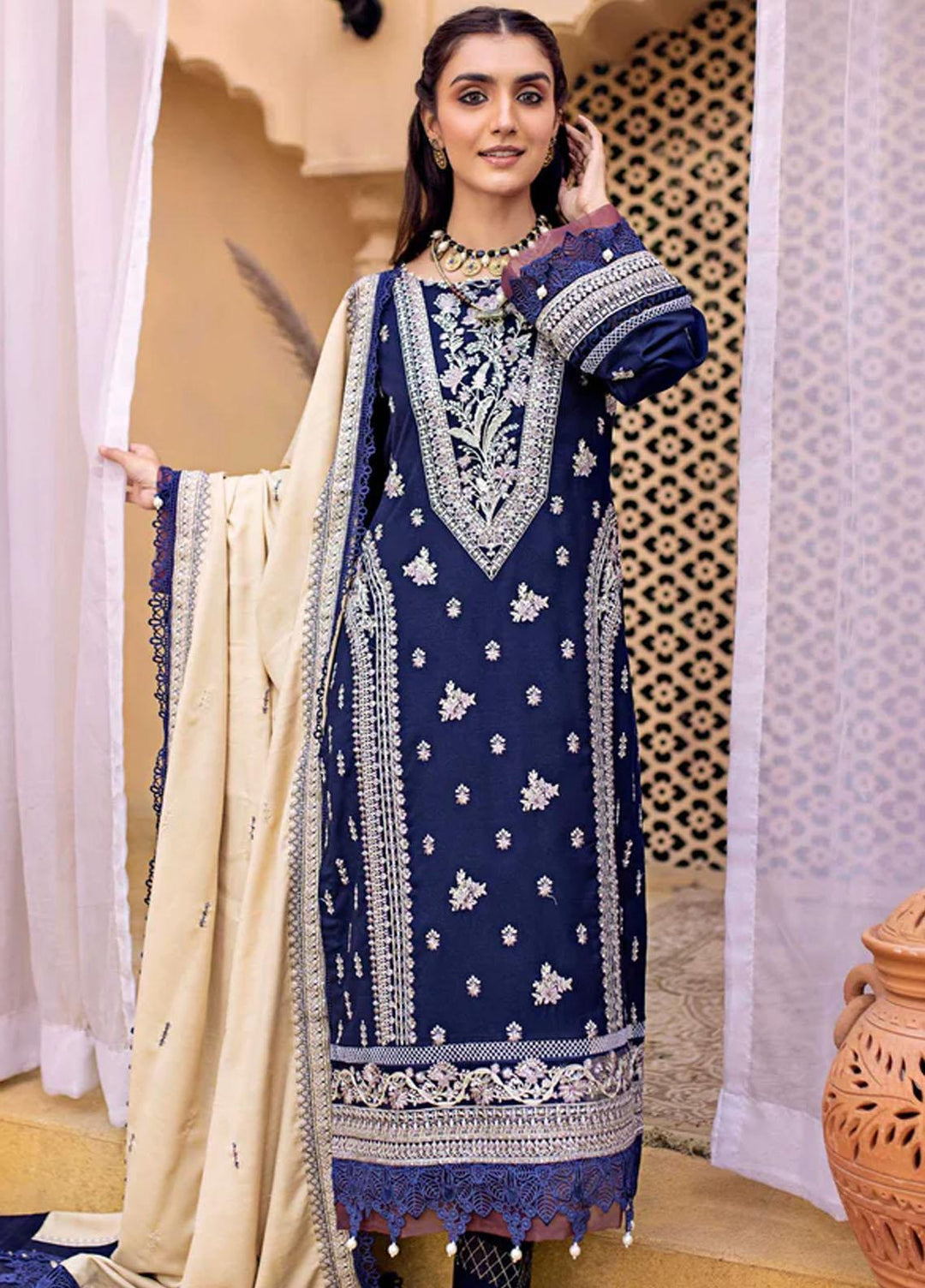 Zora By Eleshia Embroidered Dhanak Suits Unstitched 3 Piece ELS23Z SINGING BLUE - Luxury Collection