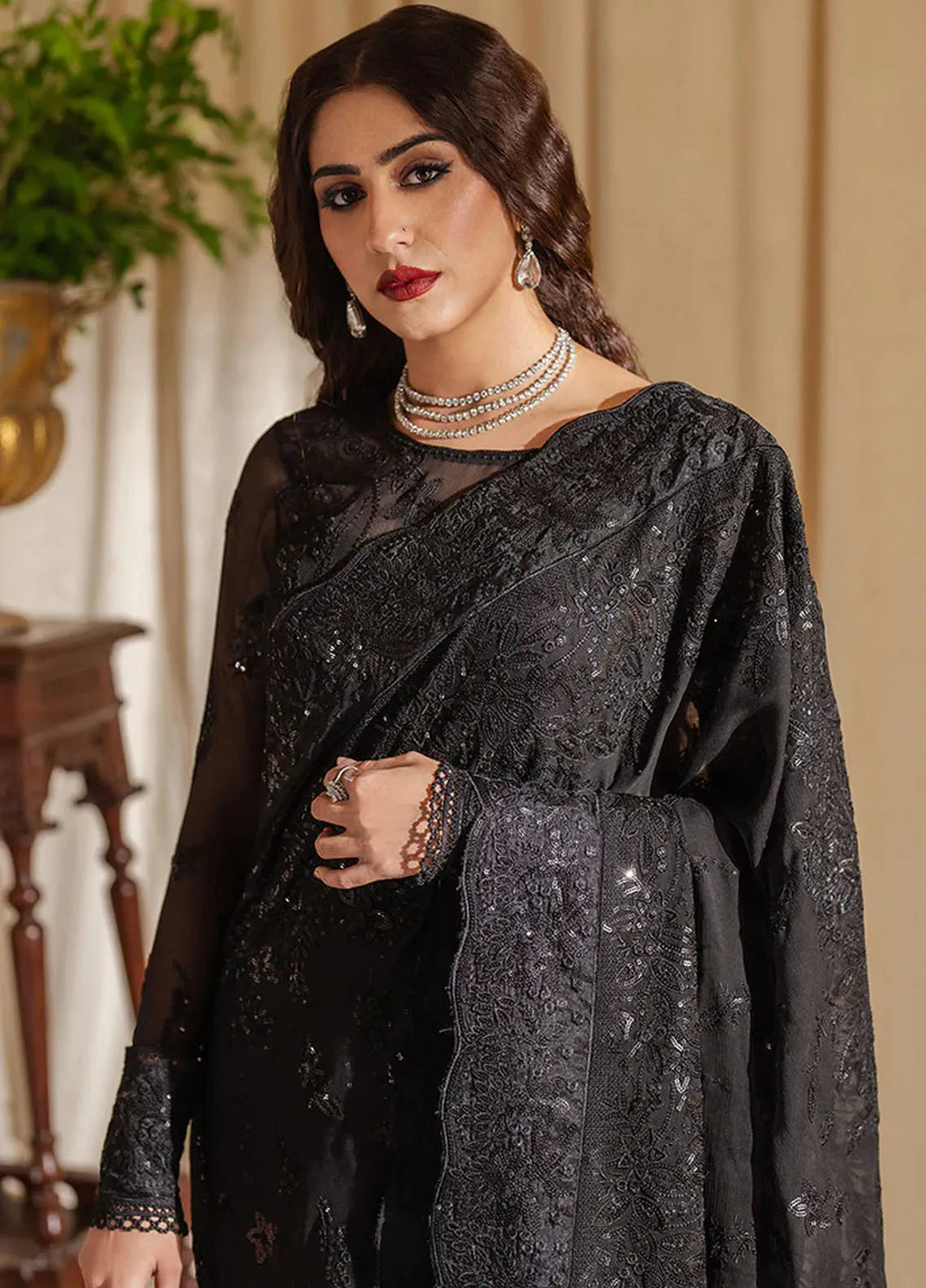 Zoya and Fatima Embroidered Chiffon Saree Unstitched 4 Piece ZOF24FD Inam - Formals Collection
