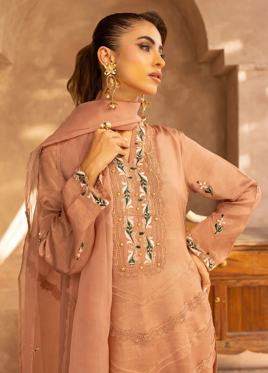 Zunairi by Shahzeb Textiles Pret Embroidered Raw Silk 3 Piece Suit Camel