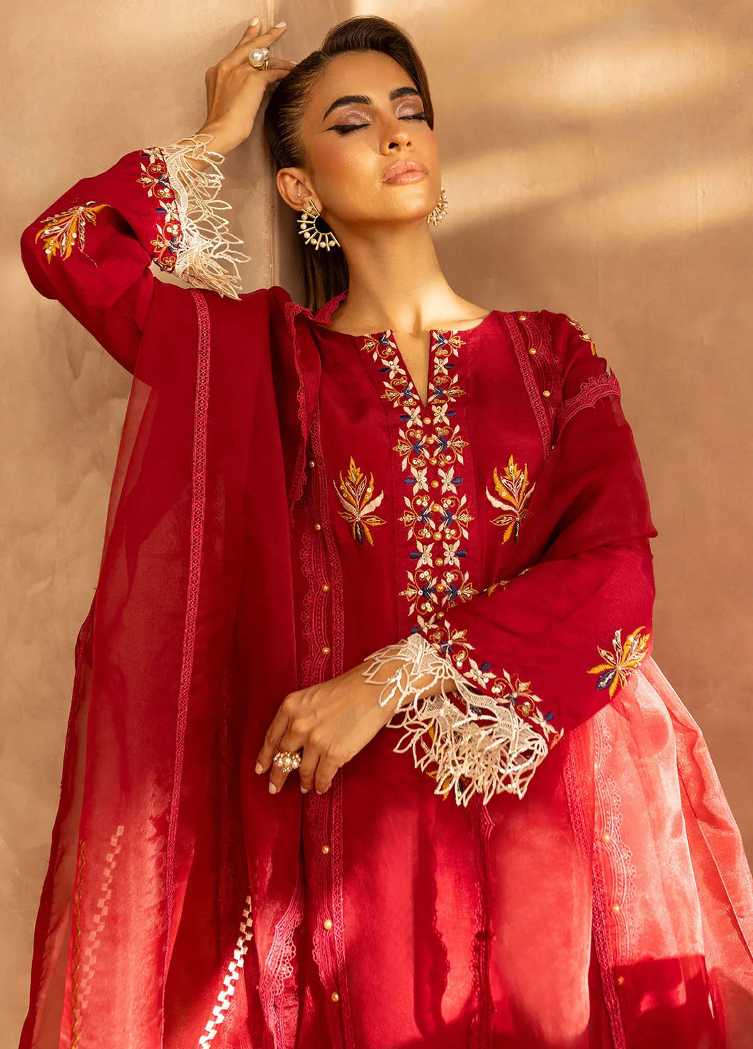 Zunairi by Shahzeb Textiles Pret Embroidered Raw Silk 3 Piece Suit Candy Red