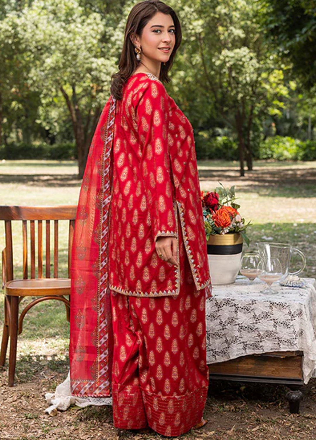 Zuri Pret Embroidered Jacquard 3 Piece Suit Nazneen ZP-05 Red
