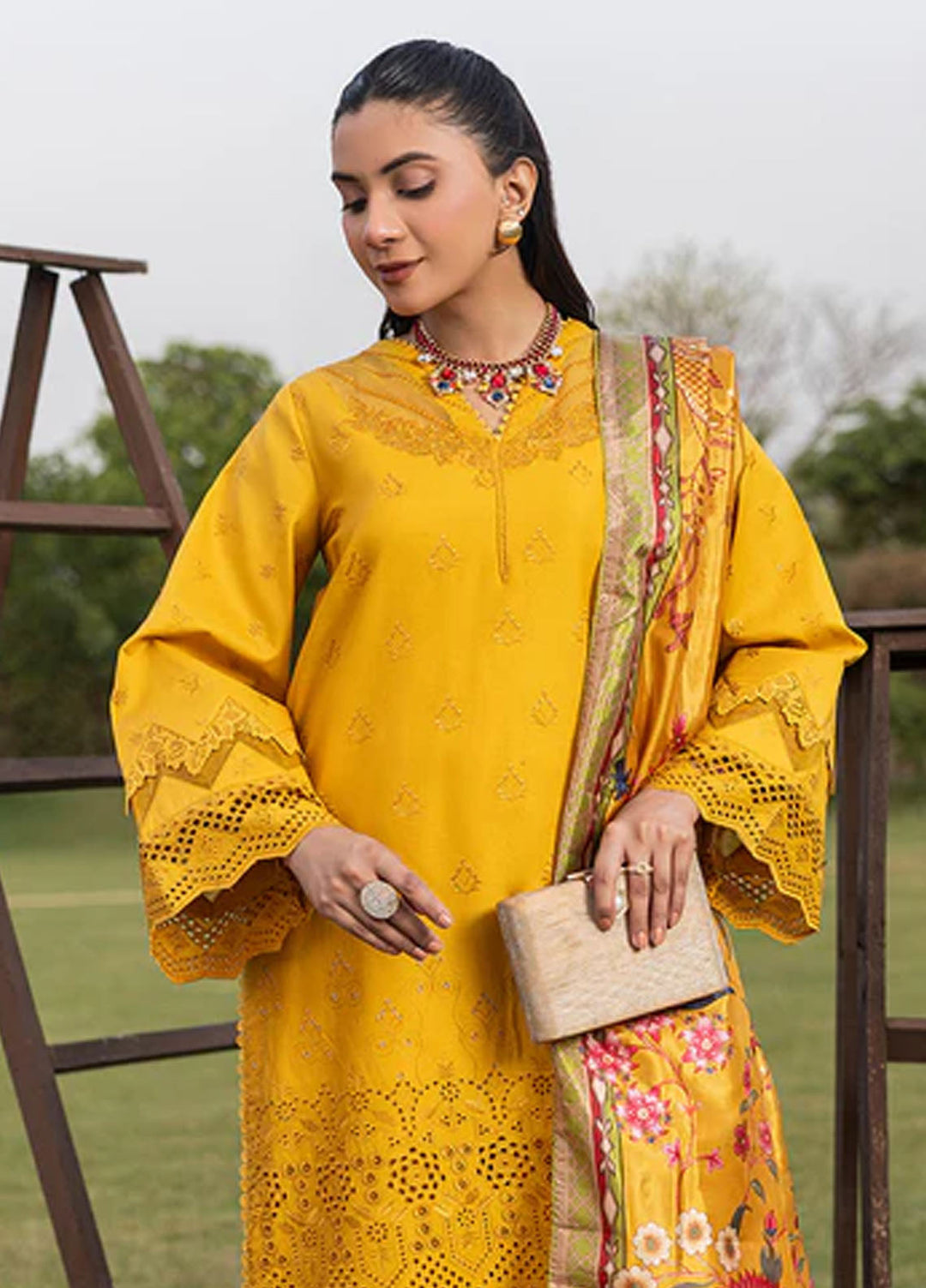 Zuri Pret Embroiered Cotton 3 Piece Suit Marina AK-5060 Mustard
