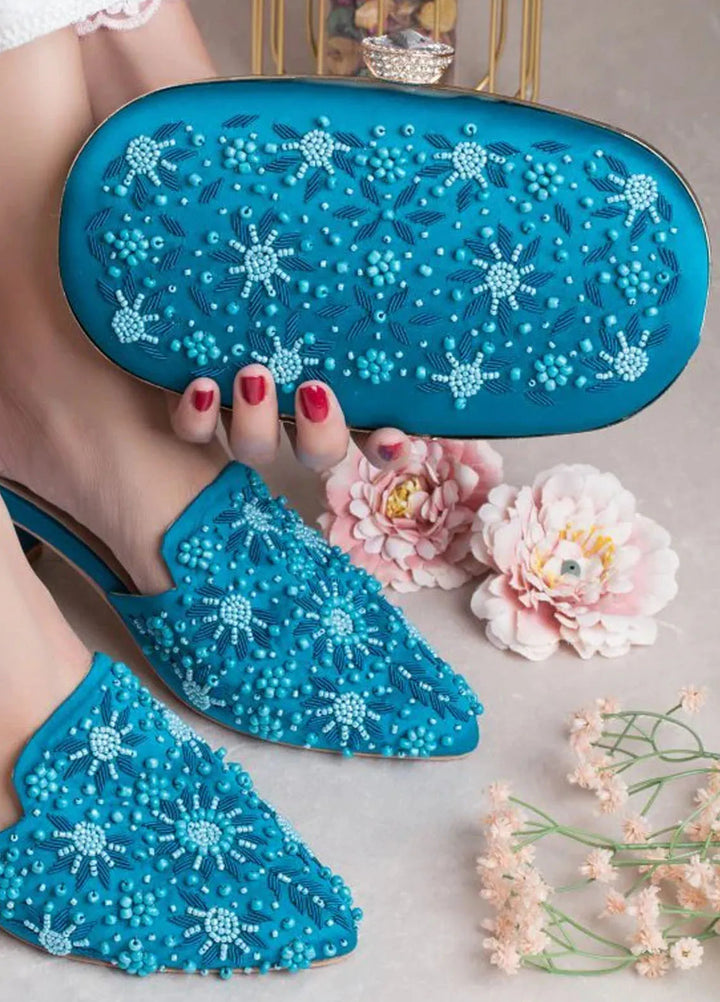 Zuruj Festive Style Heel Mules X Clutch HMC-113-Blue