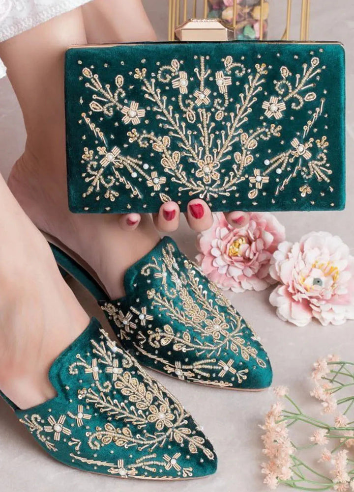 Zuruj Festive Style Heel Mules X Clutch HMC-240-Bottle Green