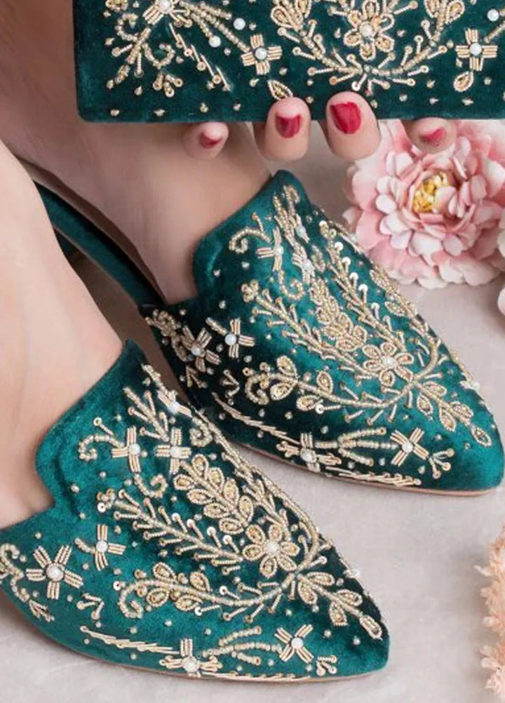 Zuruj Festive Style Heel Mules X Clutch HMC-240-Bottle Green