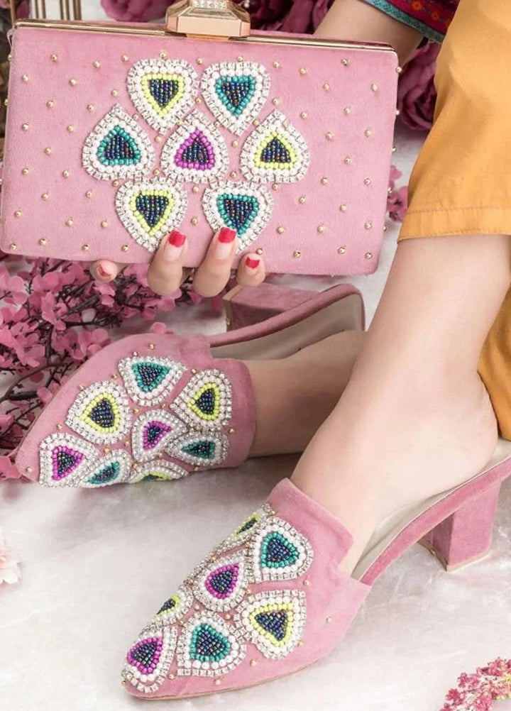 Zuruj Festive Style Heel Mules X Clutch HMC-255-BabyPink