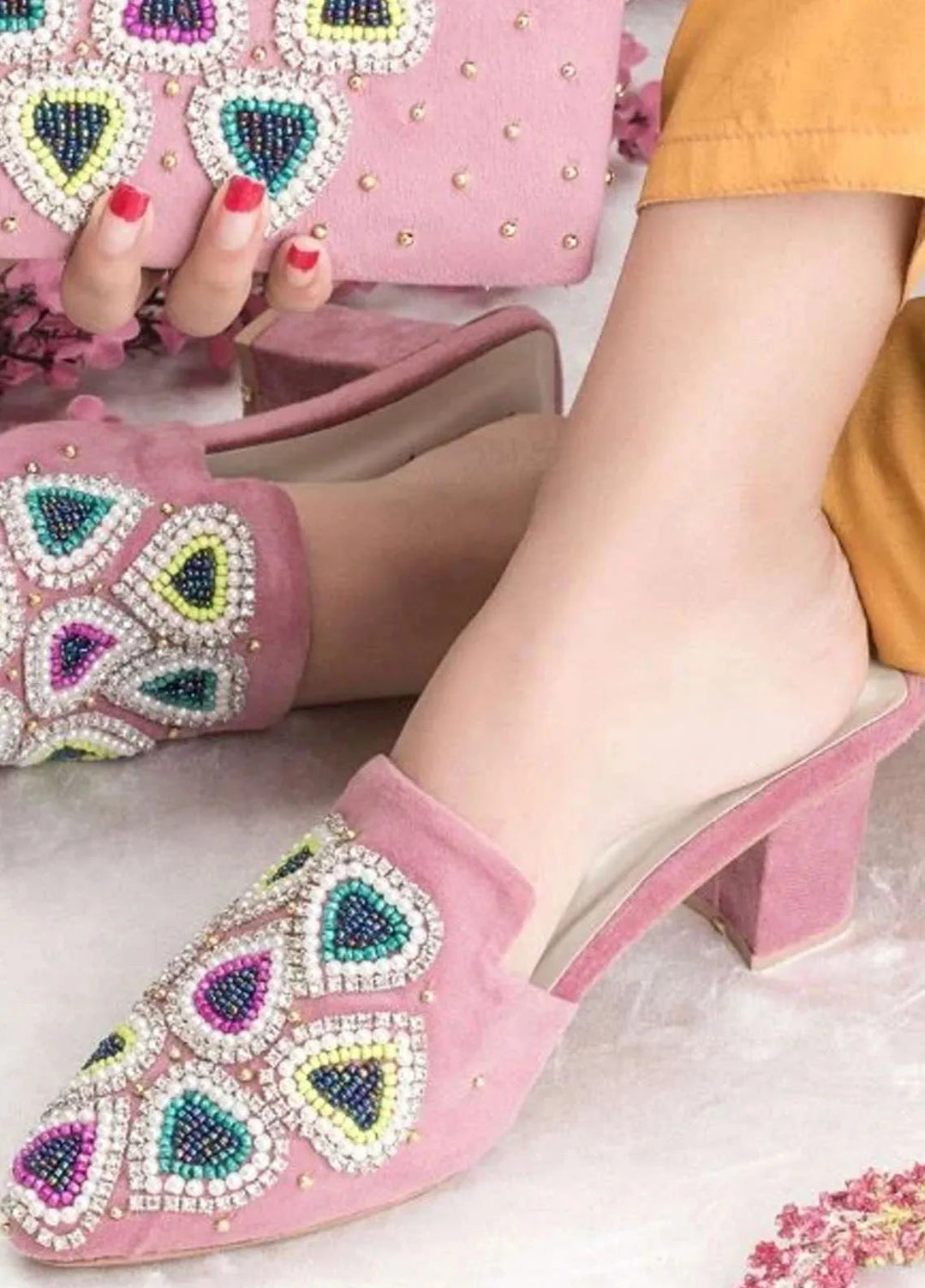 Zuruj Festive Style Heel Mules X Clutch HMC-255-BabyPink