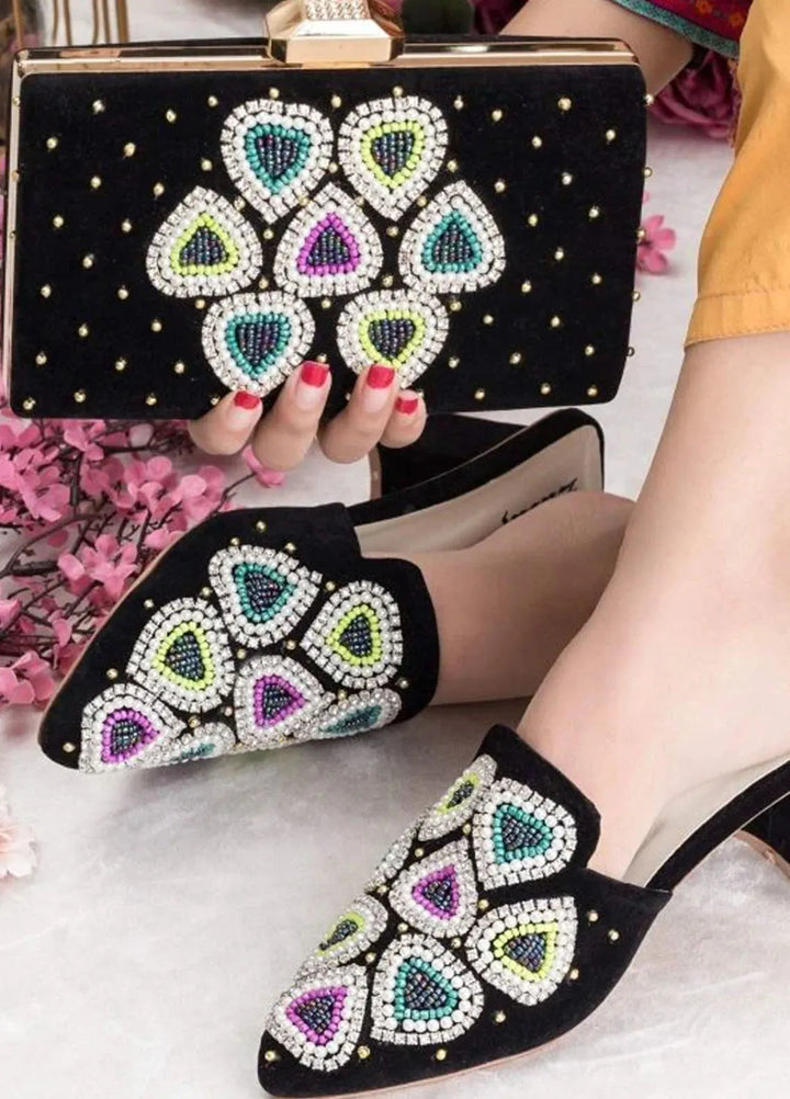 Zuruj Festive Style Heel Mules X Clutch HMC-255-Black