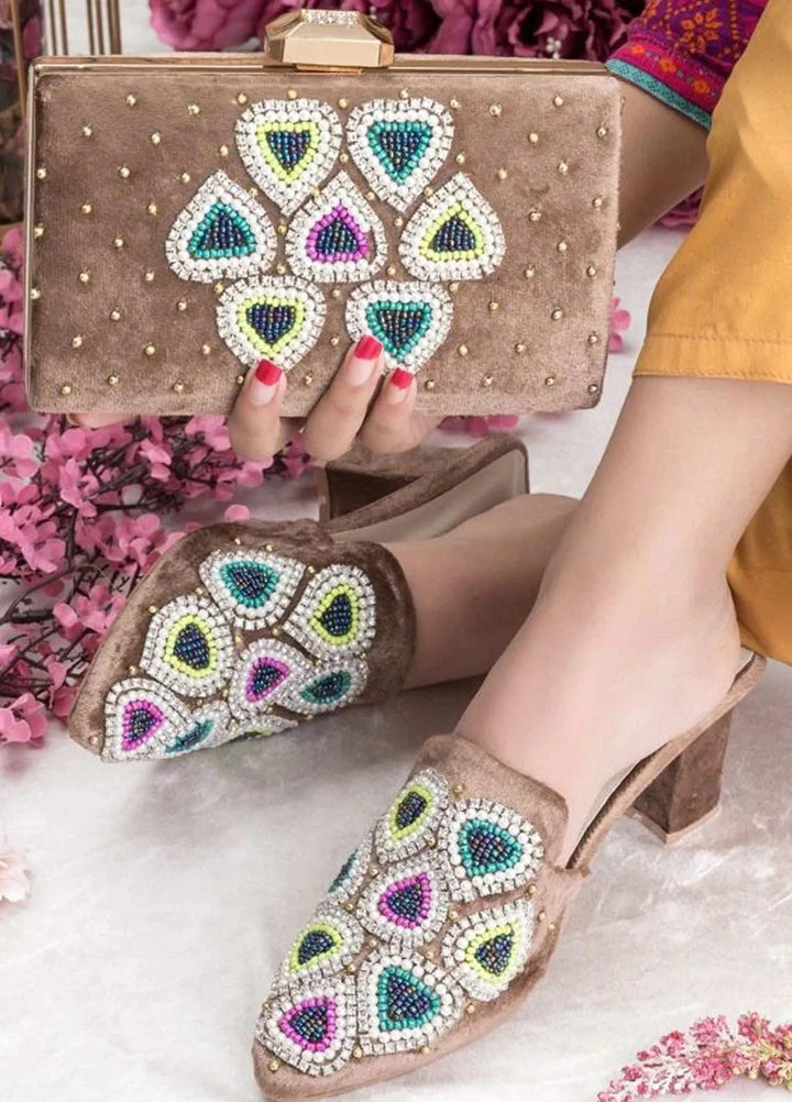 Zuruj Festive Style Heel Mules X Clutch HMC-255-Chickoo