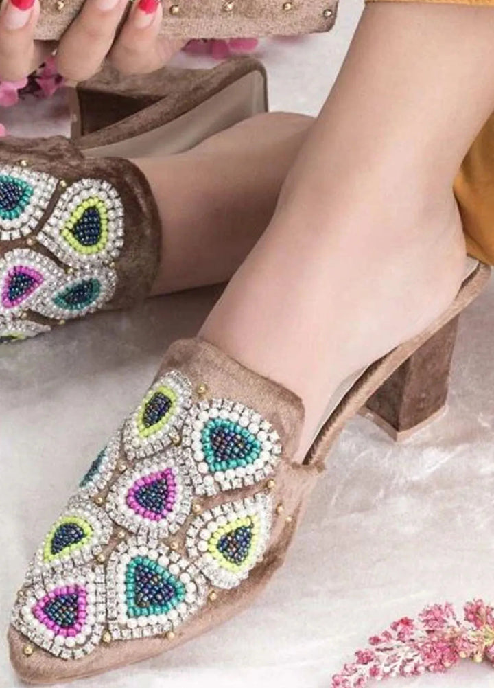 Zuruj Festive Style Heel Mules X Clutch HMC-255-Chickoo