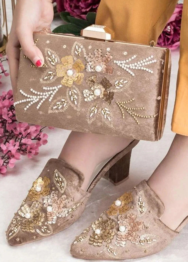 Zuruj Festive Style Heel Mules X Clutch HMC-256-Chickoo