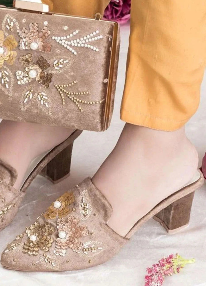 Zuruj Festive Style Heel Mules X Clutch HMC-256-Chickoo