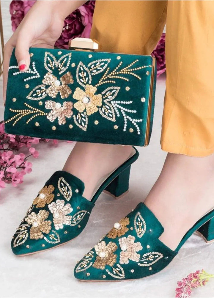 Zuruj Festive Style Heel Mules X Clutch HMC-256-Green