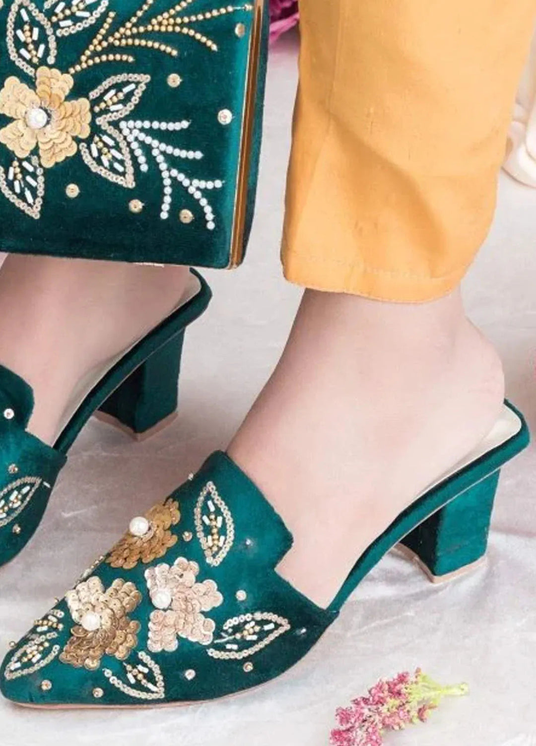 Zuruj Festive Style Heel Mules X Clutch HMC-256-Green